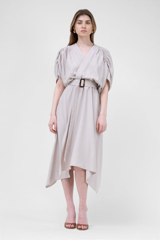 Beige Linen Midi Dress With Belt