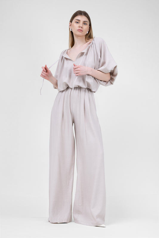 Beige Linen matching set with flowy blouse and wide leg trousers