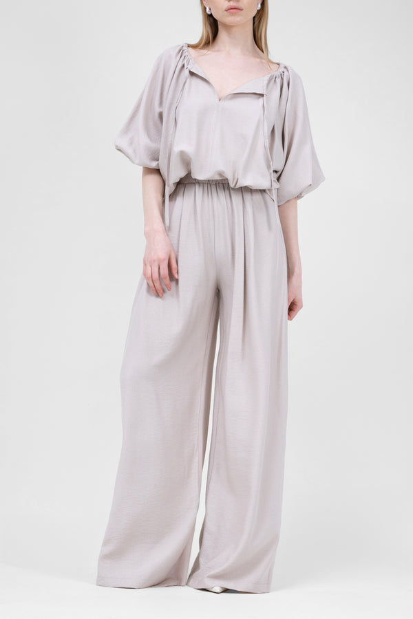 Beige Linen matching set with flowy blouse and wide leg trousers