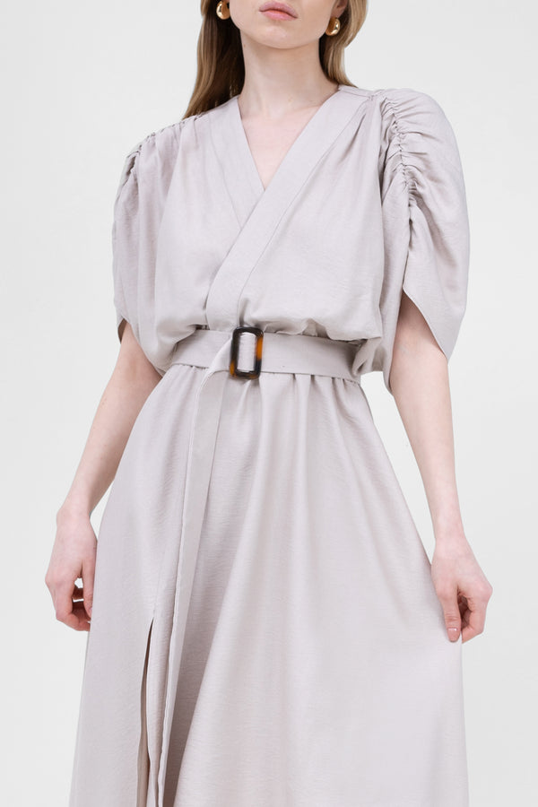 Beige Linen Midi Dress With Belt