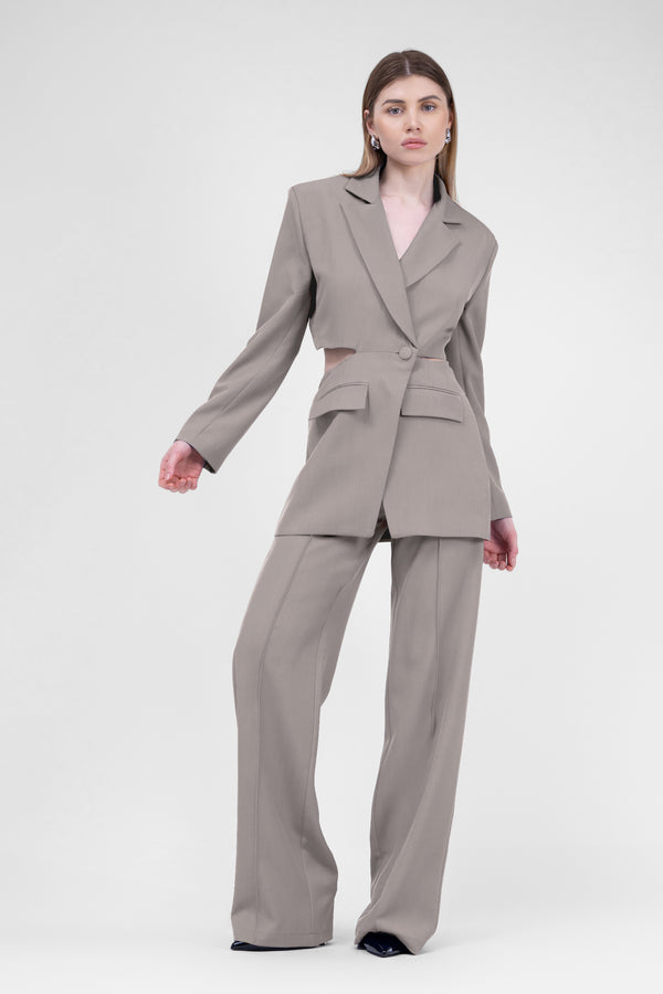 Beige Suit With Blazer With Waistline Cut-Out And Stripe Detail Trousers