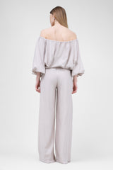Beige Linen matching set with flowy blouse and wide leg trousers