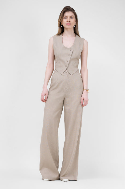 Beige Linen Suit With Cut-Out Vest And Straight-Cut Trousers