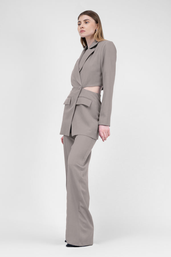 Beige Suit With Blazer With Waistline Cut-Out And Stripe Detail Trousers