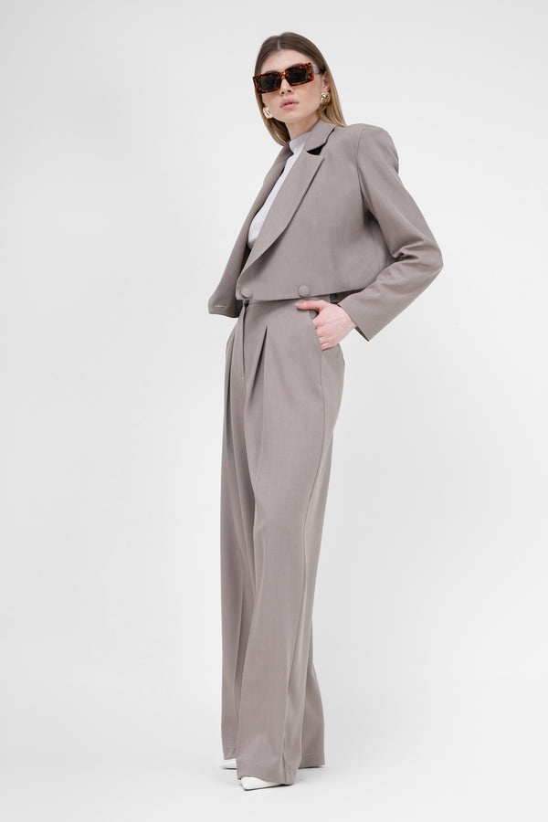 Beige Suit With Cropped Blazer And Ultra Wide Leg Trousers