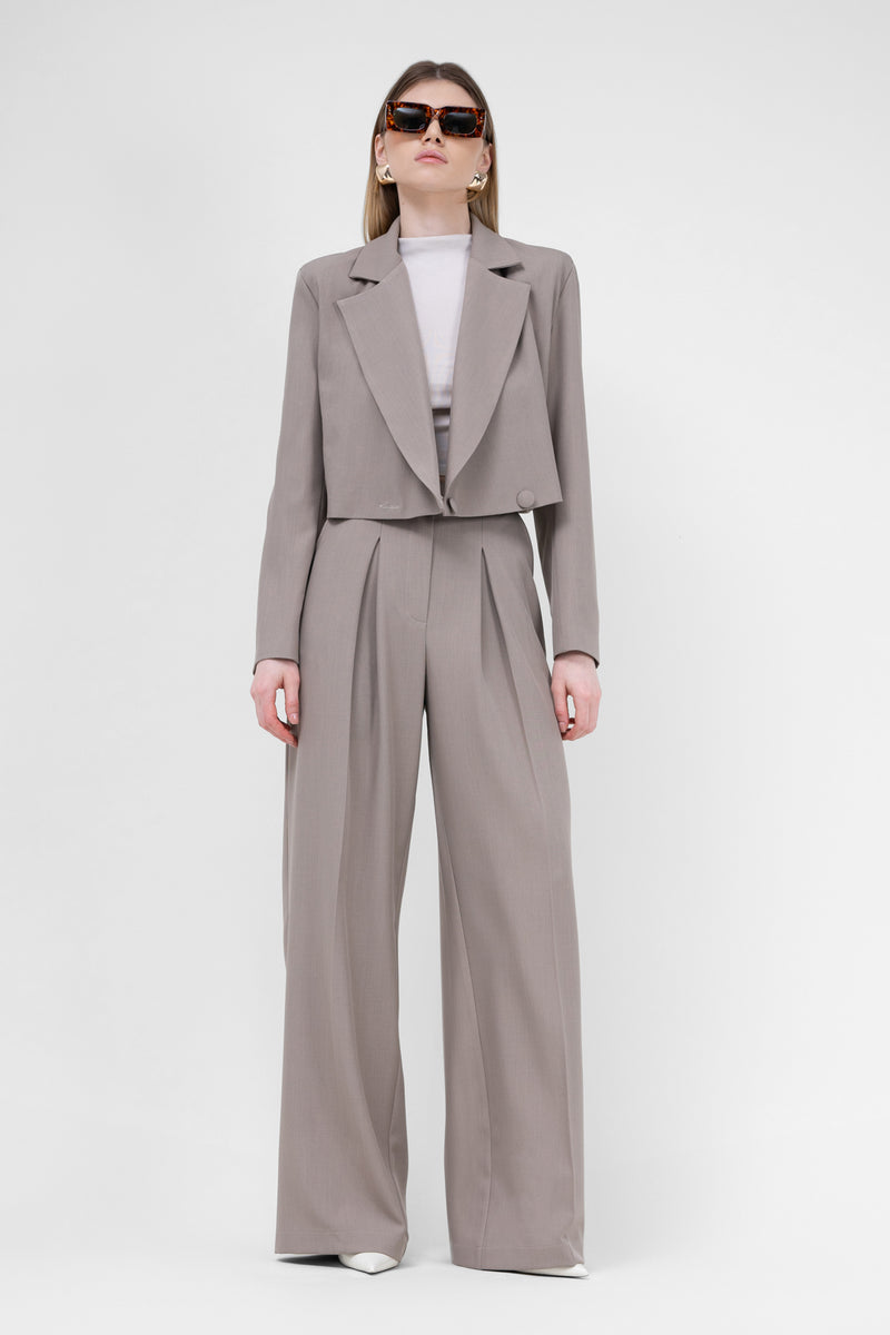 Beige Suit With Cropped Blazer And Ultra Wide Leg Trousers