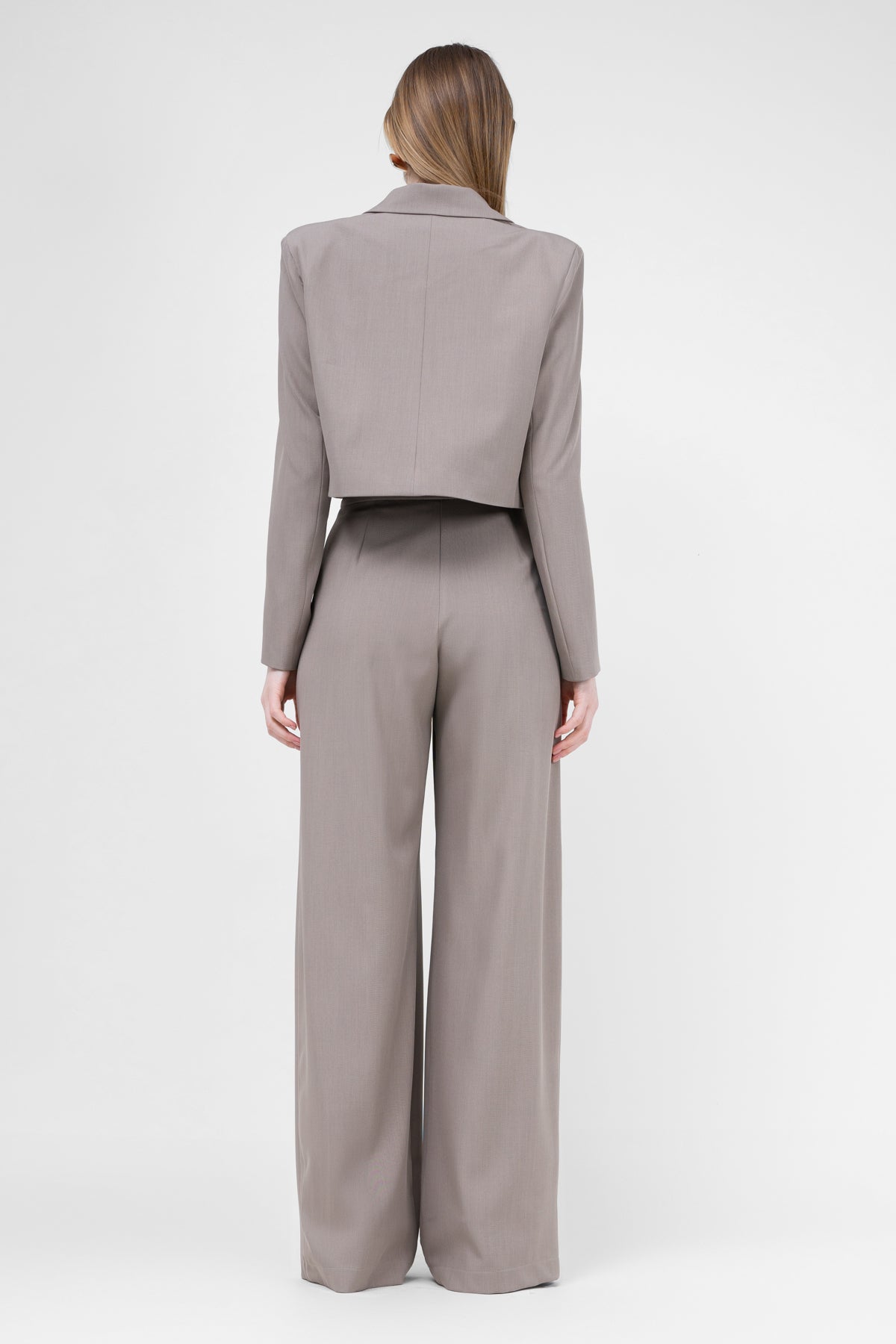 Beige Suit With Cropped Blazer And Ultra Wide Leg Trousers