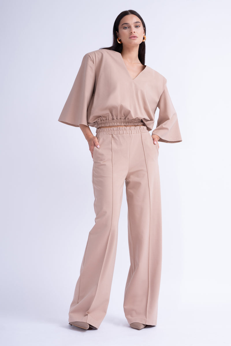 Beige Matching Set With Blouse And Wide Leg Trousers