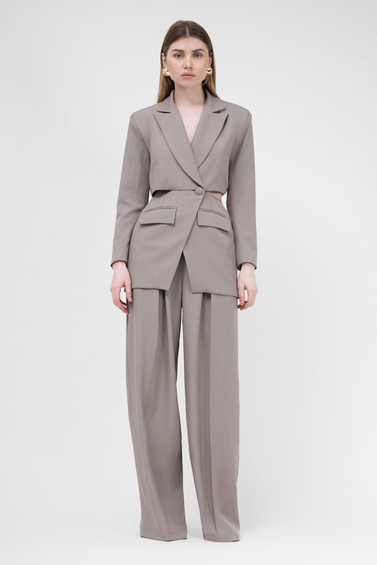 Beige Suit With Blazer With Waistline Cut-Out And Ultra Wide Leg Trousers