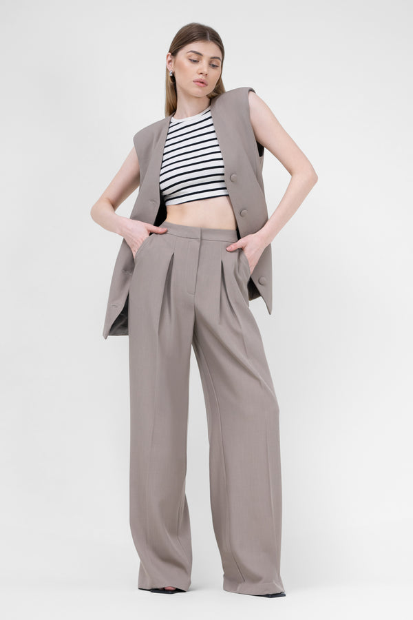 Beige Suit With Oversized Vest And Ultra Wide Leg Trousers