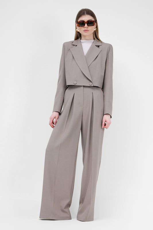 Beige Suit With Cropped Blazer And Ultra Wide Leg Trousers