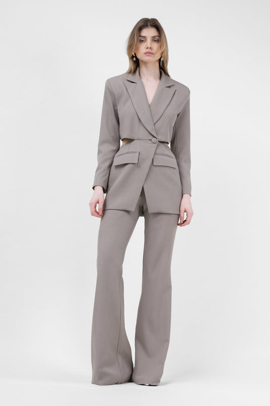 Beige Suit With Blazer With Waistline Cut-Out And Flared Trousers