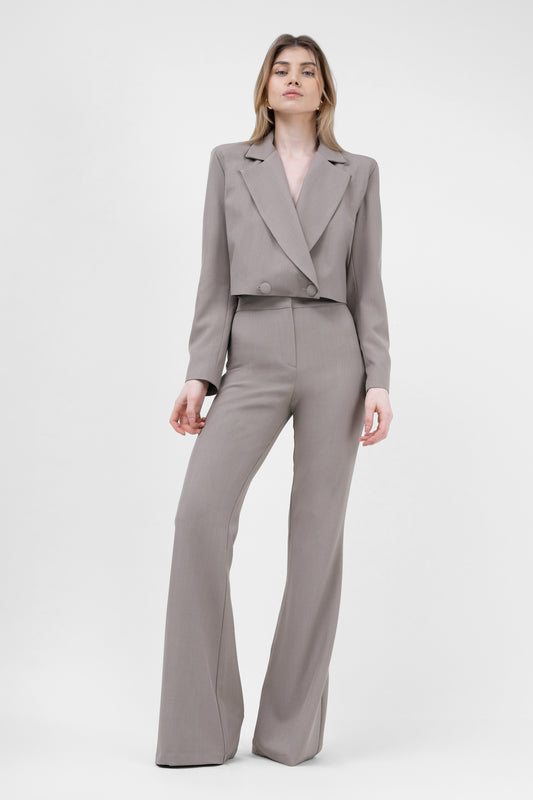 Beige Suit With Cropped Blazer And Flared Trousers