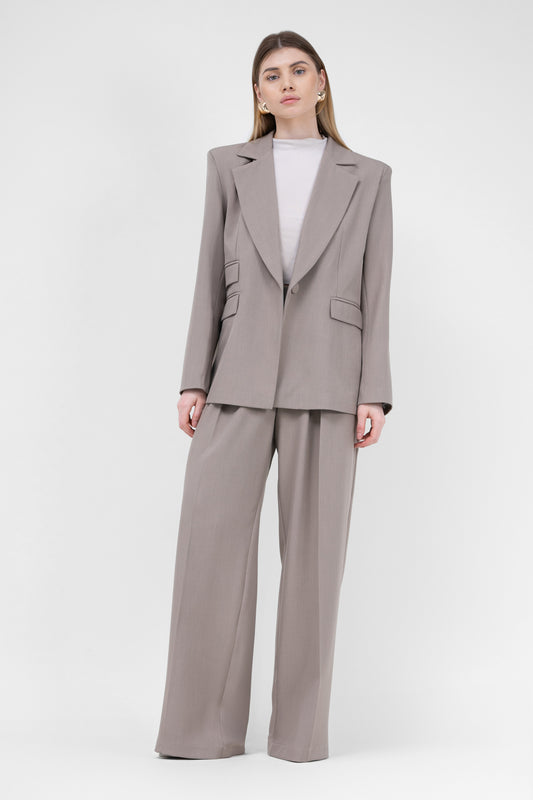 Beige Suit With Regular Blazer With Double Pocket And Ultra Wide Leg Trousers