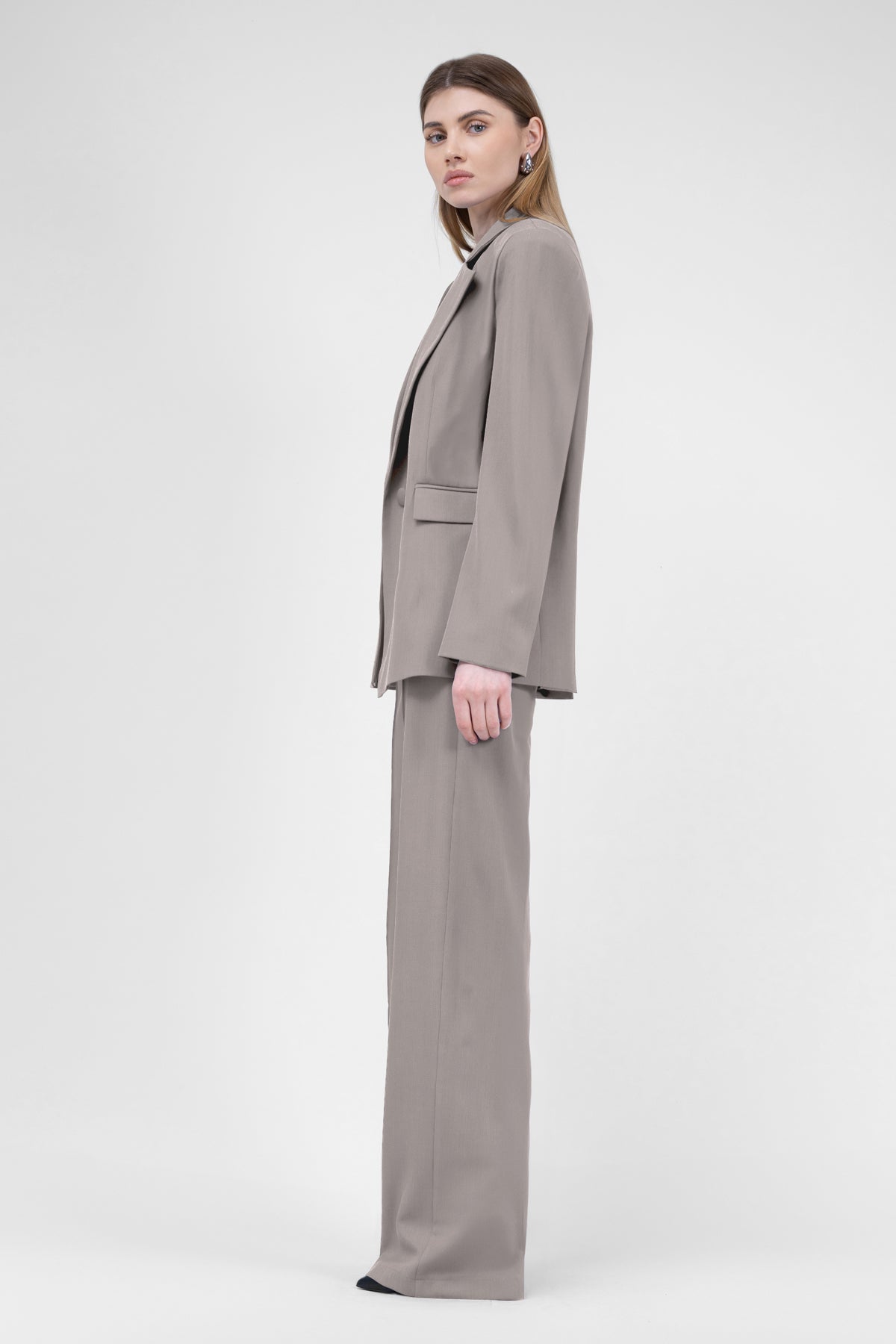 Beige Suit With Regular Blazer With Double Pocket And Stripe Detail Trousers