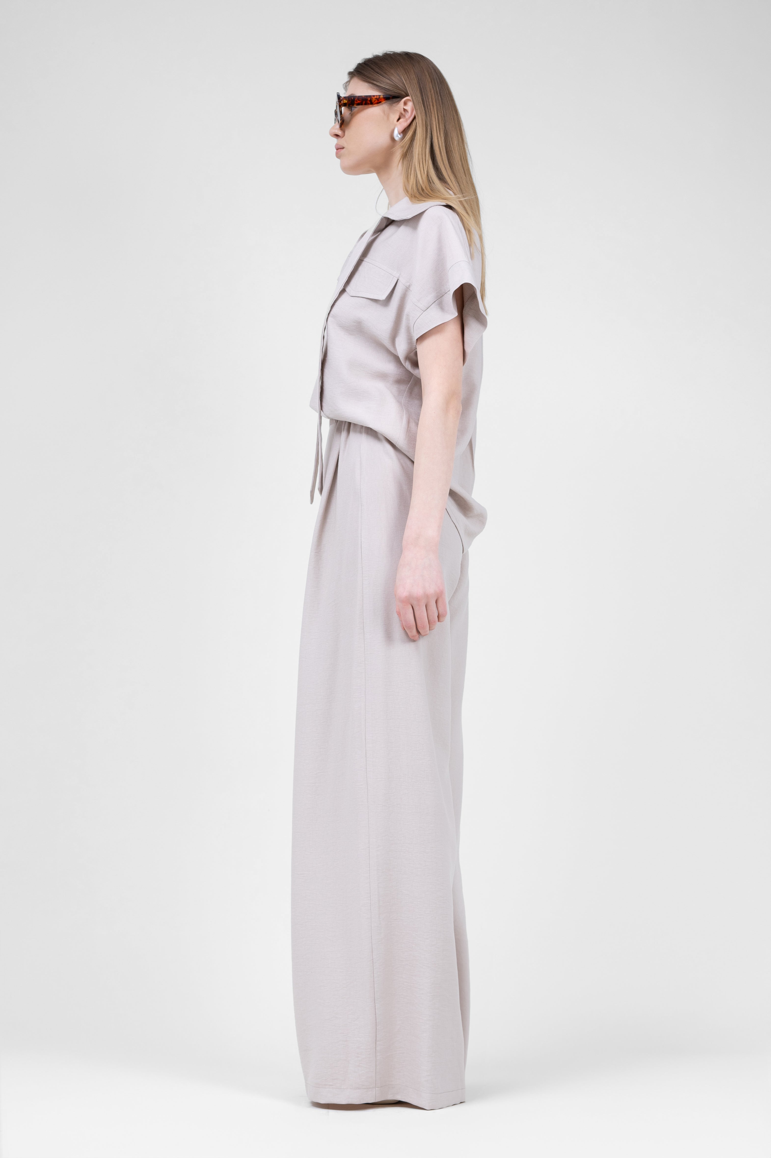 Beige Linen Set With Shirt With Pockets And Wide Leg Trousers