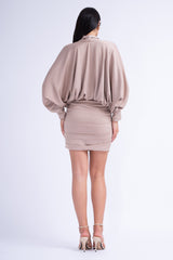 Beige Mini Dress With Draping Detailing and Wide Sleeves