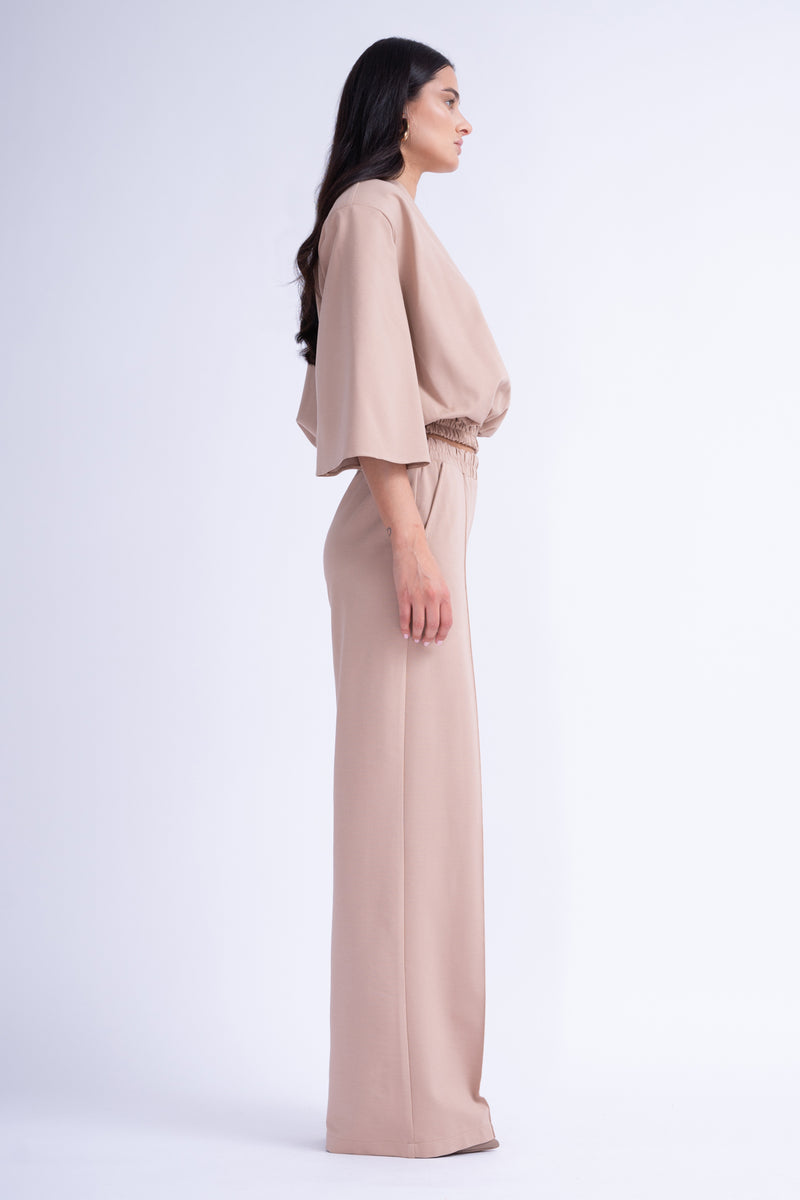 Beige Matching Set With Blouse And Wide Leg Trousers