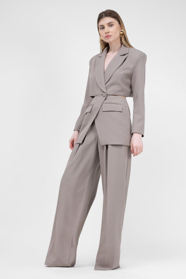 Beige Suit With Blazer With Waistline Cut-Out And Ultra Wide Leg Trousers