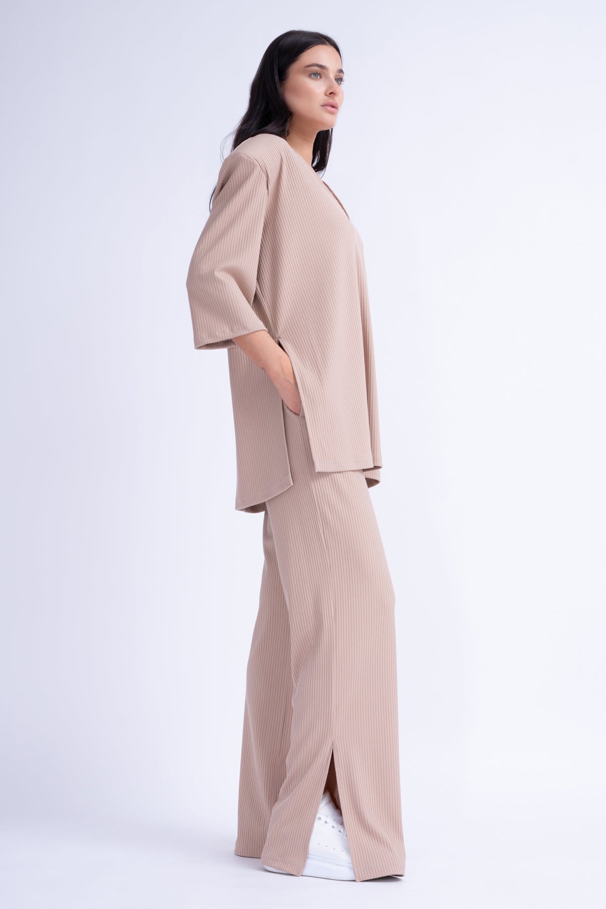 Ribbed Beige Matching Set With Blouse And Trousers With Slit