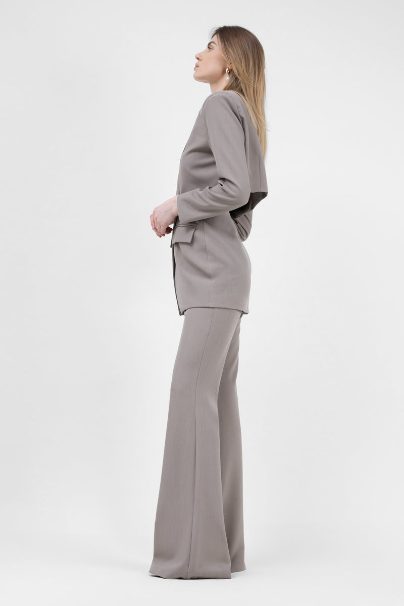 Beige Suit With Blazer With Waistline Cut-Out And Flared Trousers