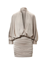 Beige Mini Dress With Draping Detailing and Wide Sleeves