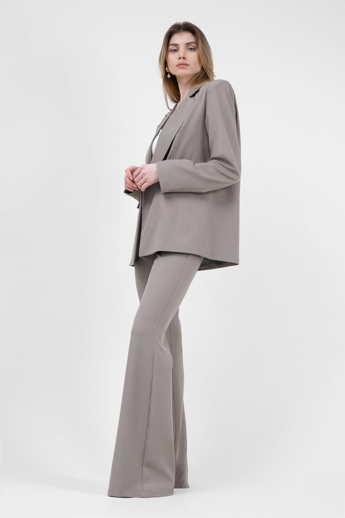 Beige High-Wasited Flared Trousers