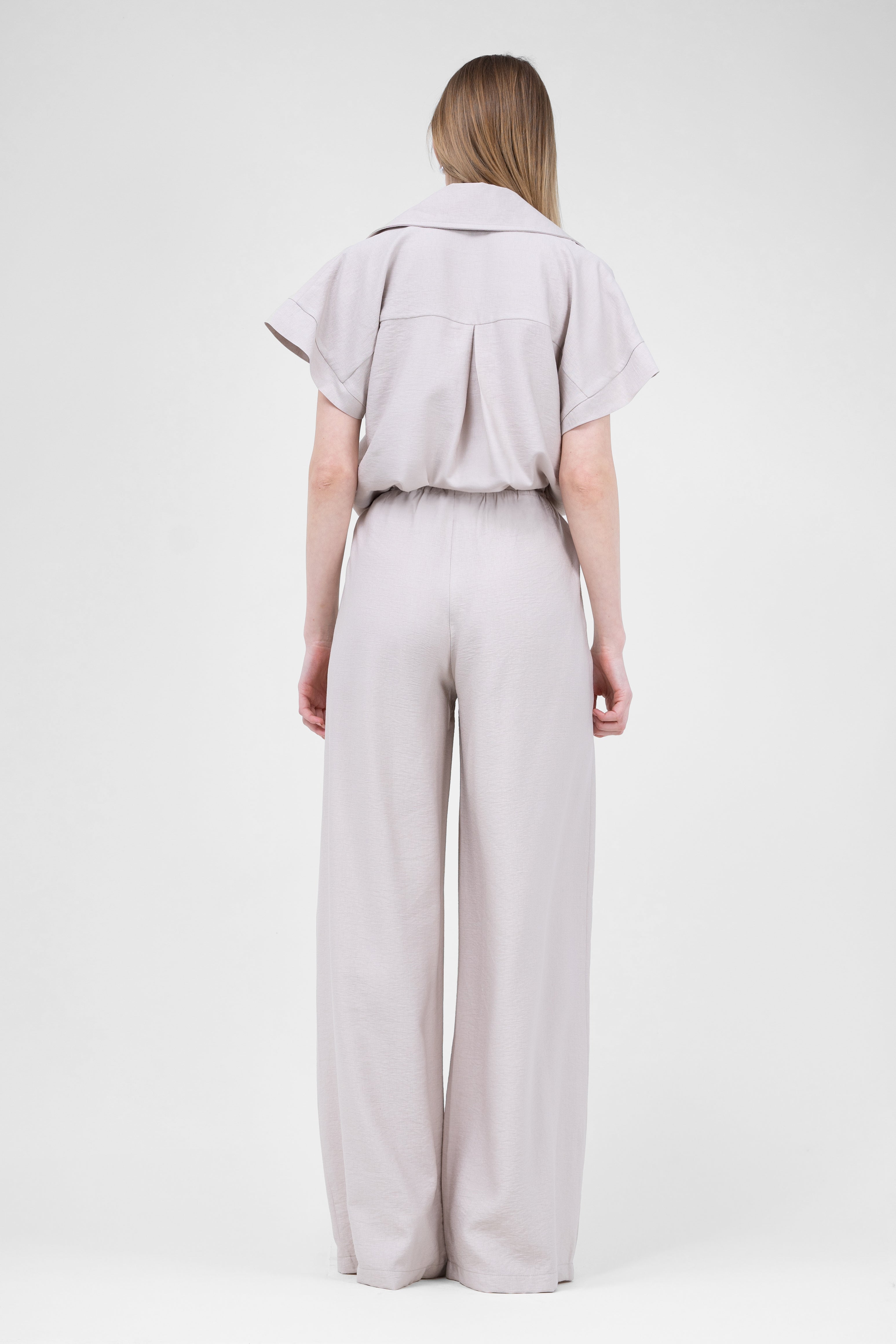 Beige Linen Set With Shirt With Pockets And Wide Leg Trousers