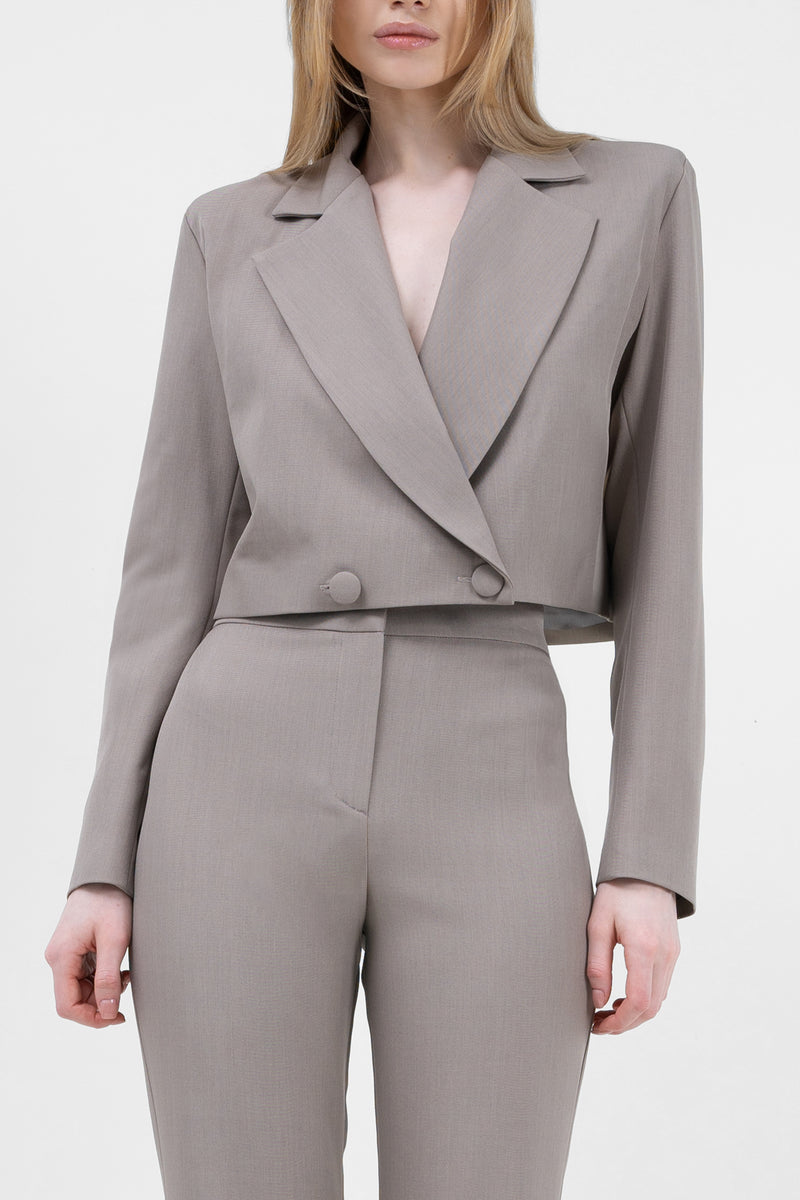 Beige Suit With Cropped Blazer And Flared Trousers