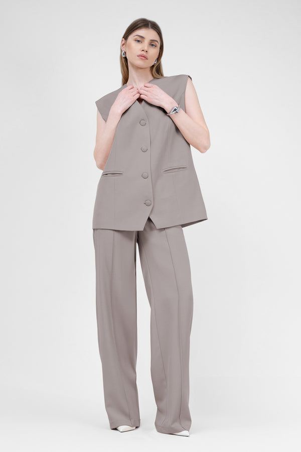 Beige Suit With Oversized Vest And Stripe Detail Trousers