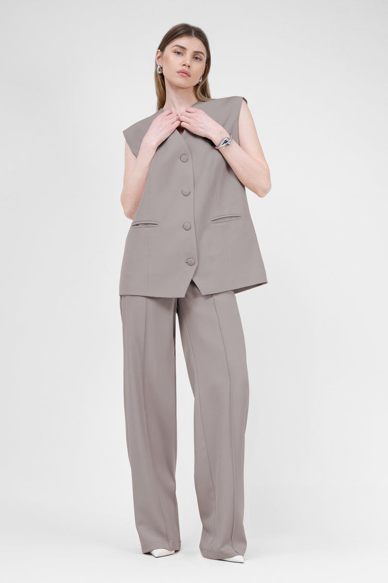 Beige Suit With Oversized Vest And Stripe Detail Trousers
