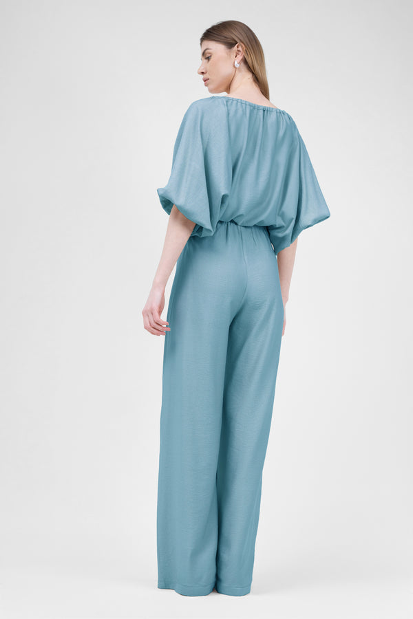 Bleu Linen matching set with flowy blouse and wide leg trousers