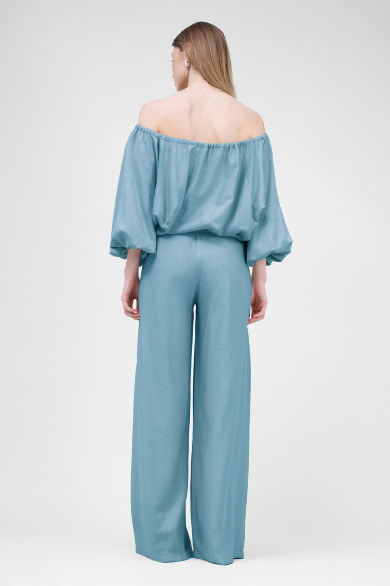 Bleu  Linen matching set with flowy blouse and wide leg trousers