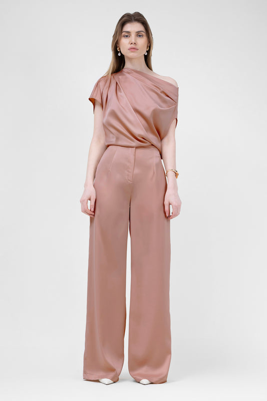 Bronze Set With Asymmetrical Draped Top And Wide Leg Trousers