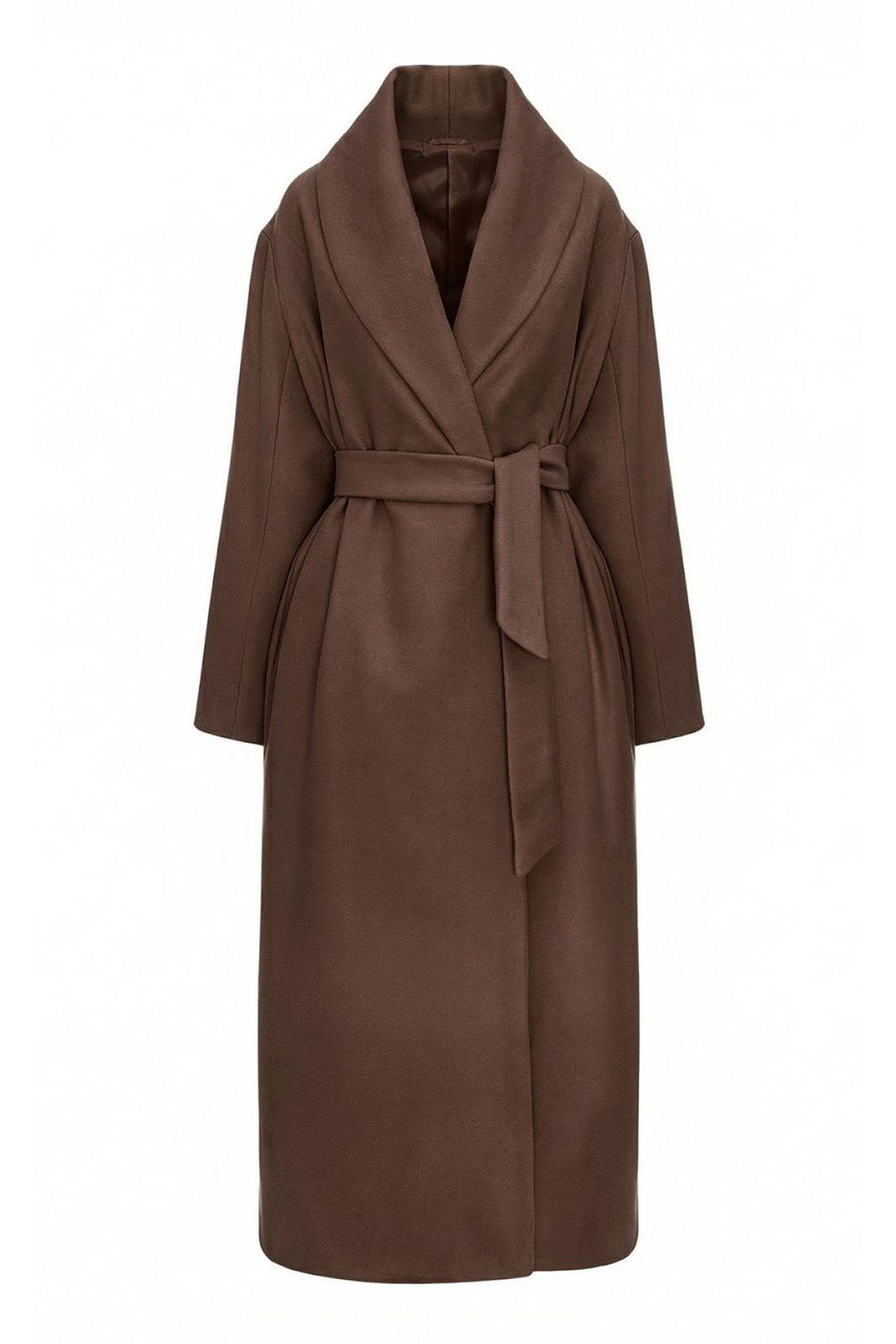 Palton lung cu revere rotunjite din amestec de lână - culoare maro