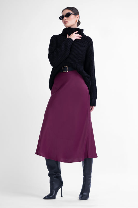 Burgundy satin midi skirt