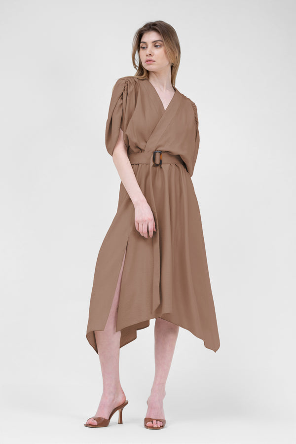Brown Linen Midi Dress With Belt