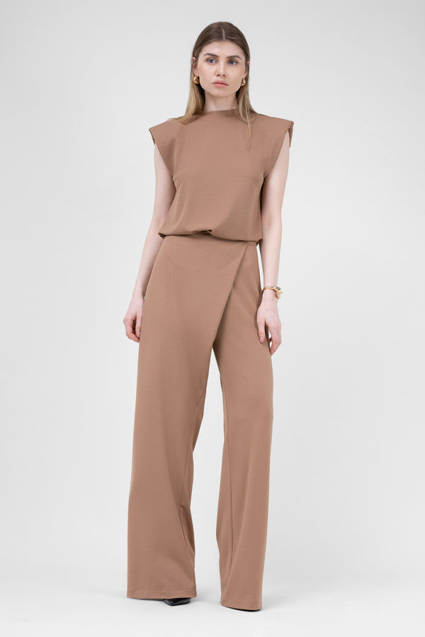 Camel Set With T-shirt And Asymmetrical Wide Leg Trousers