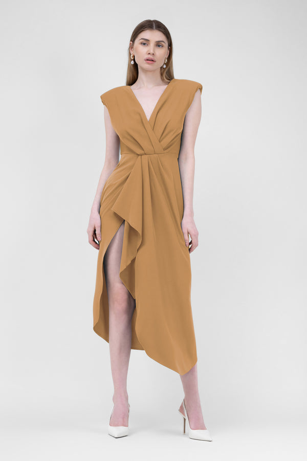 Camel Midi Dress With Draping And Pleats