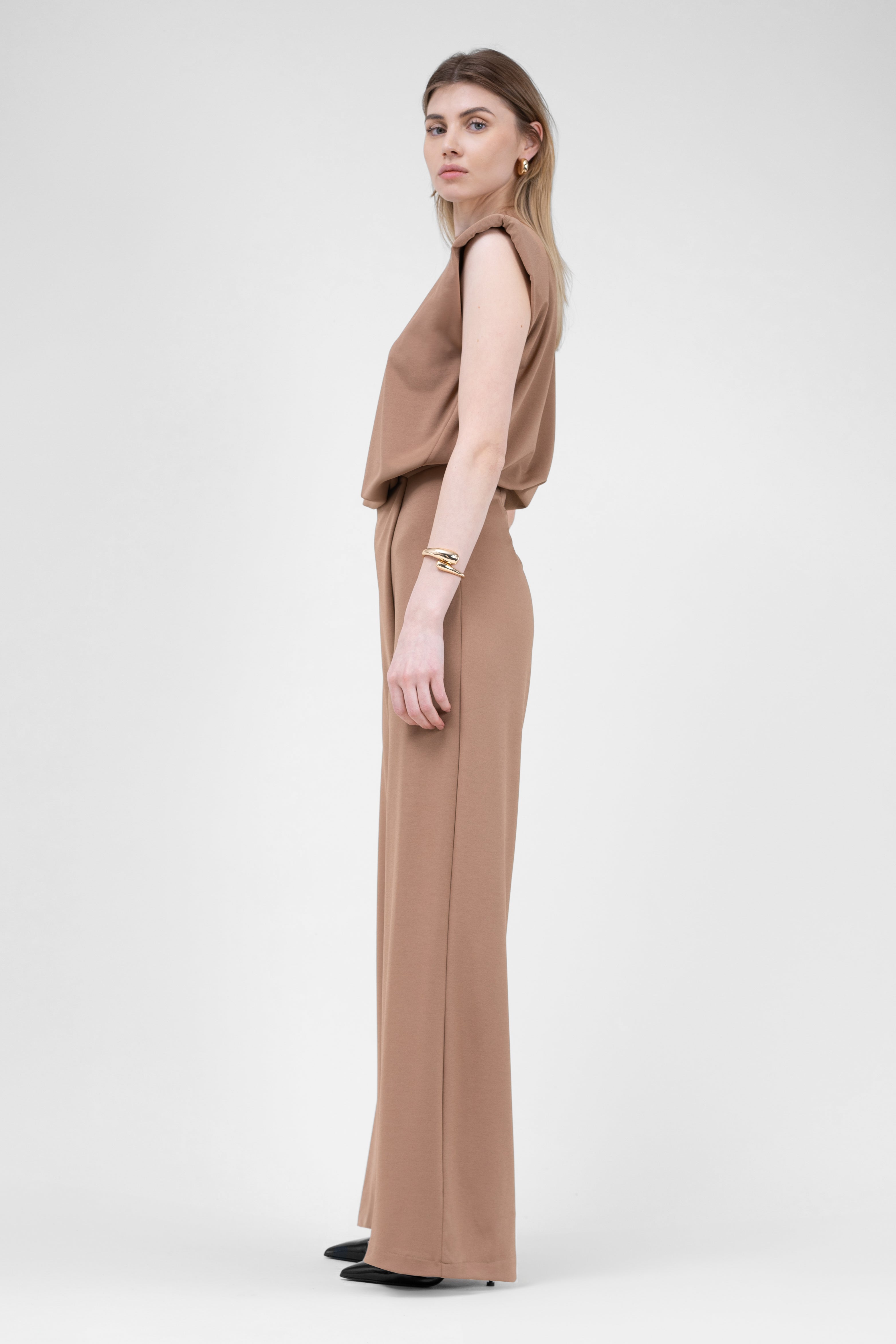 Camel Set With T-shirt And Asymmetrical Wide Leg Trousers