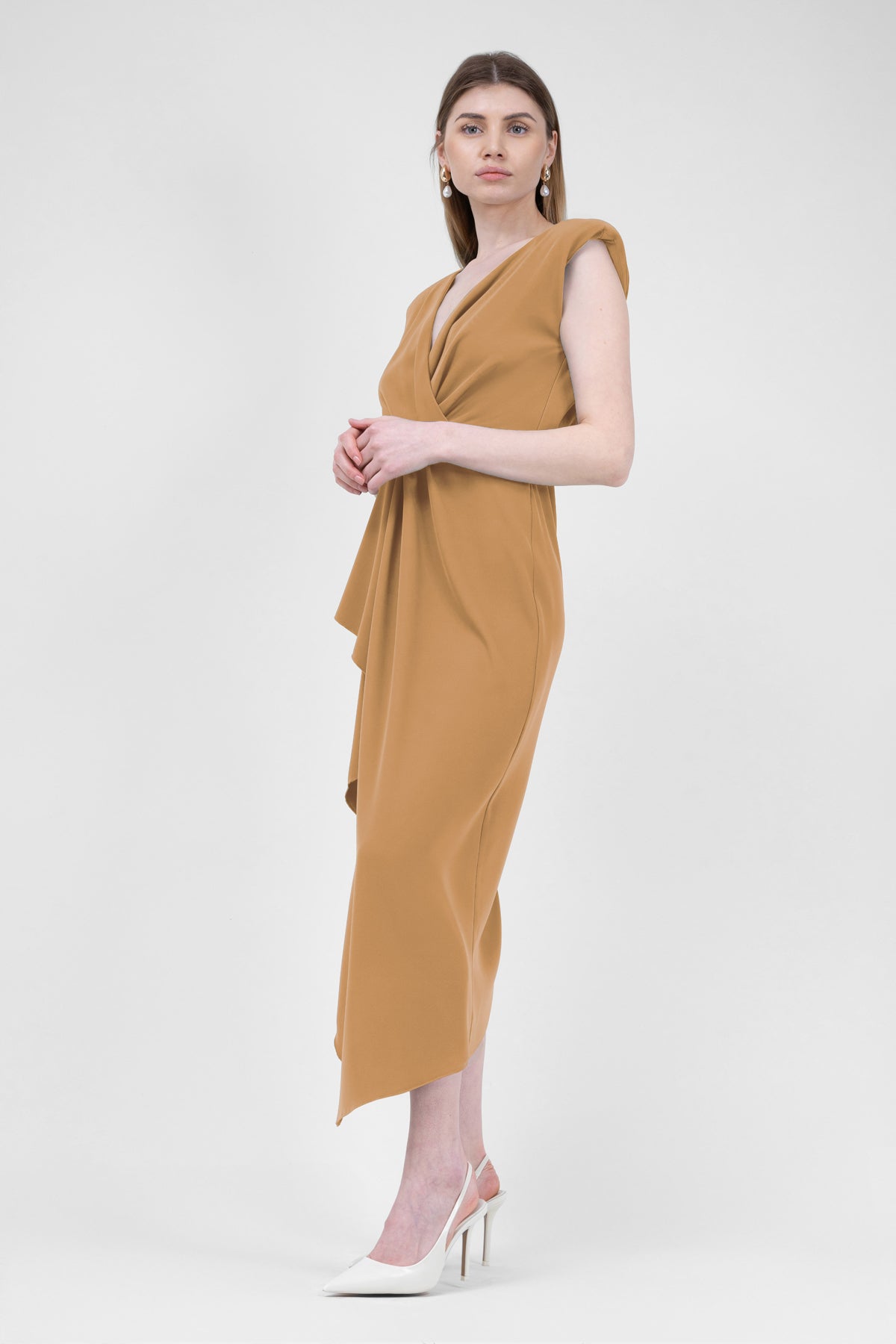 Camel Midi Dress With Draping And Pleats