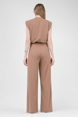 Camel Set With T-shirt And Asymmetrical Wide Leg Trousers