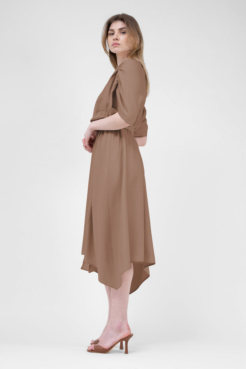 Brown Linen Midi Dress With Belt