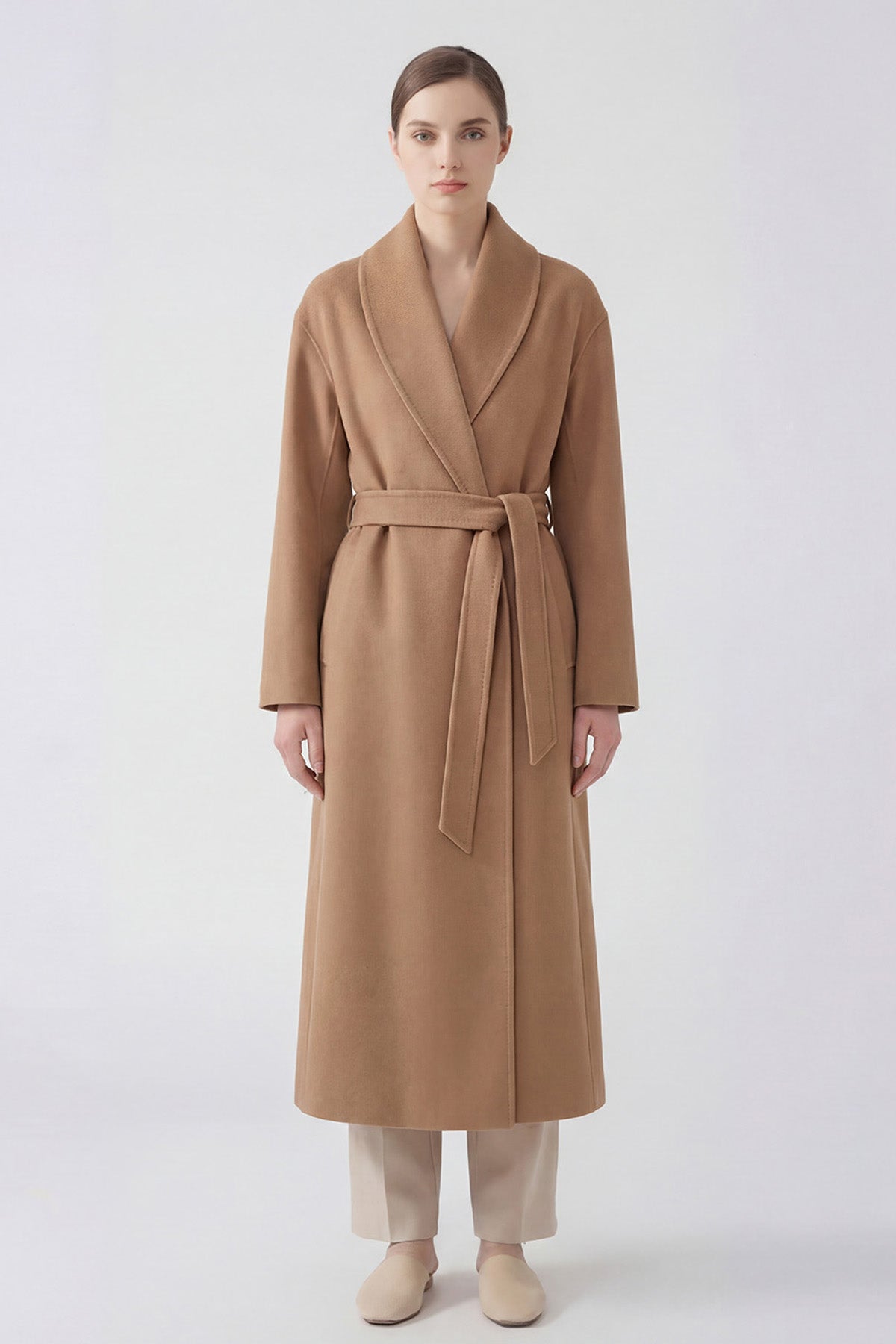 Palton lung cu revere rotunjite din amestec de lână - culoare camel