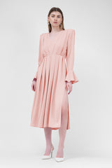 Coral Midi Dress With Pleats And Proeminent Shoulders