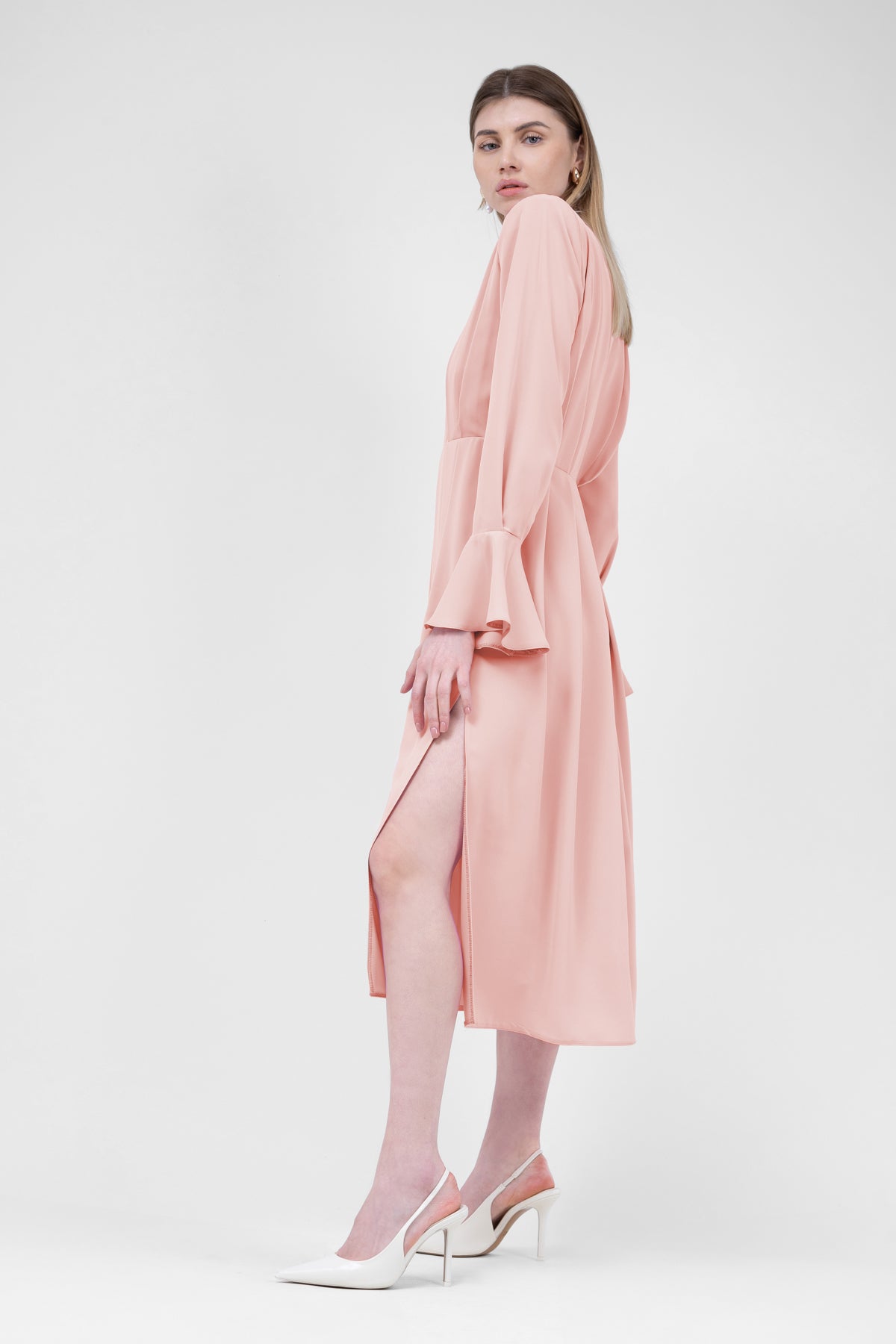 Coral Midi Dress With Pleats And Proeminent Shoulders