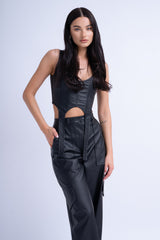 Black Leather Panelled Corset Top