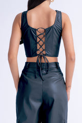 Olive Leather Panelled Corset Top