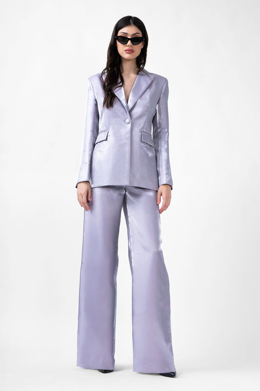 Grey Taffeta Suit With Blazer And Straight Trousers