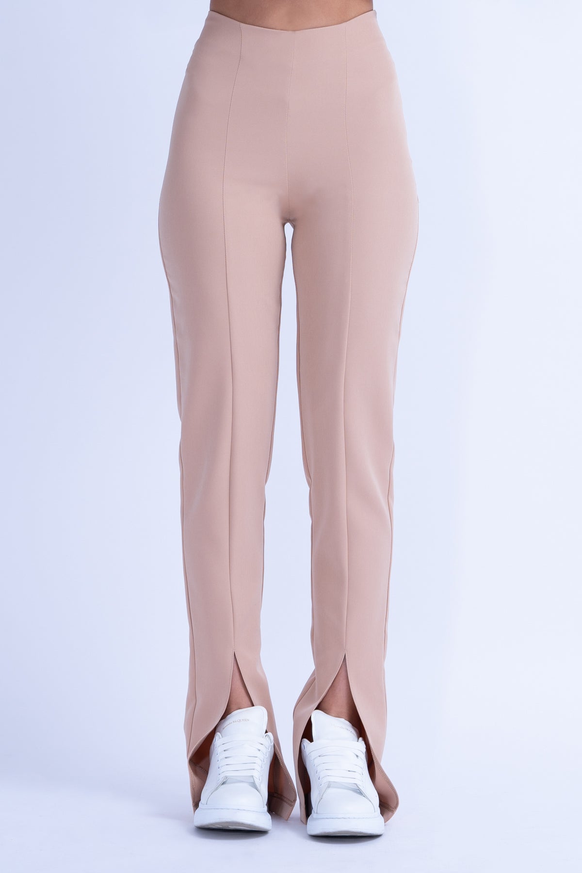 Beige Slim Fit Pants With Front Slit